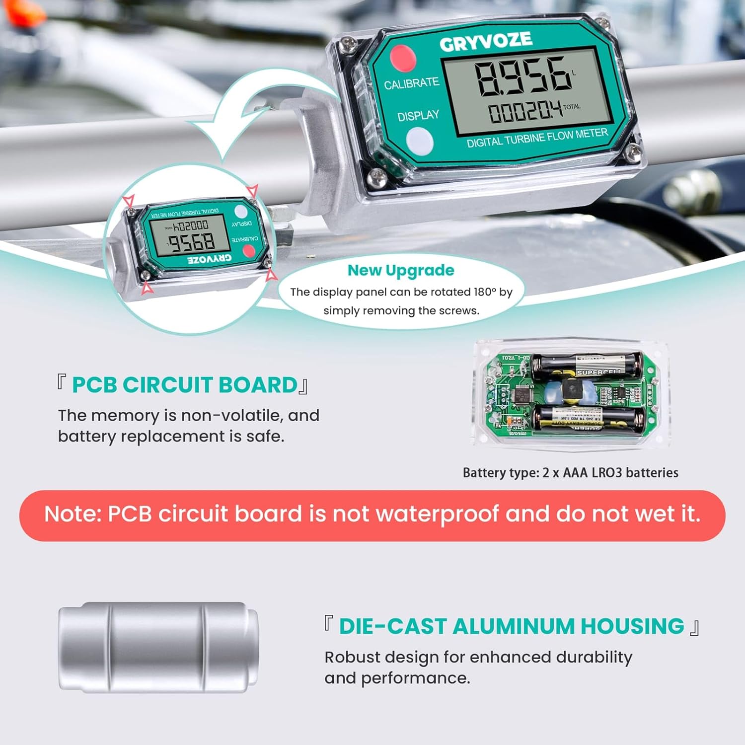 3/4 Inch Digital Turbine Water Fuel Flow Meter with 3/4 Inch NPT Male, 0.8-13.2 GPM Inline NPT Thread ±1% Accuracy Flowmeter for Diesel, Gas Oil, Gasoline, and Other Liquids