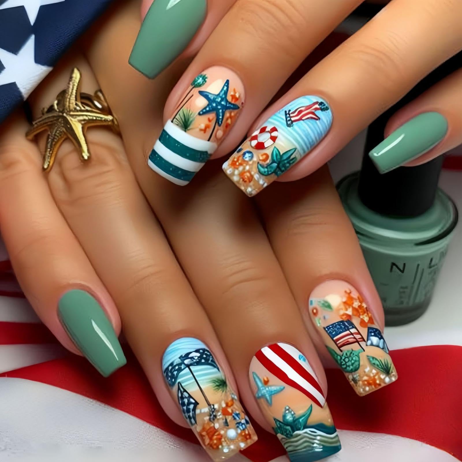 Independence Day Press on Nails Medium Square Stick on Nails with Beach Starfish Design Full Cover Green False Nails Red Blue Flag Glue on Nails