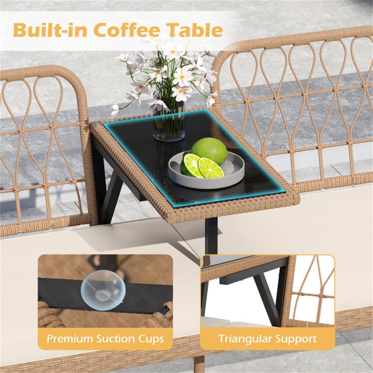 2-Person Outdoor Loveseat Set W/Coffee Table, Wicker Patio Furniture Set W/Tempered Glass Table, Bistro Set for Garden, Sofa with Table Bistro Set Balcony Furniture Garden Seating Loveseat 2 Seater