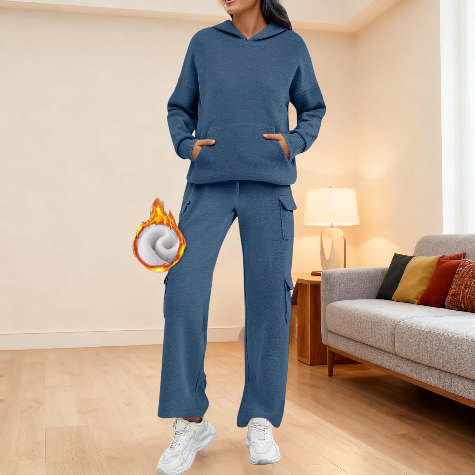 Generico Tuta Palestra Donna Taglie Forti Set Due Pezzi Curvy Felpa Manica Lunga Pantaloni Con Tasche Tuta Palestra Donna Per Casa
