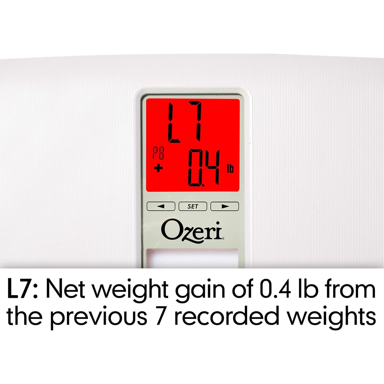 Close-up of Ozeri WeightMaster II display showing L7 with red illumination and a positive weight change