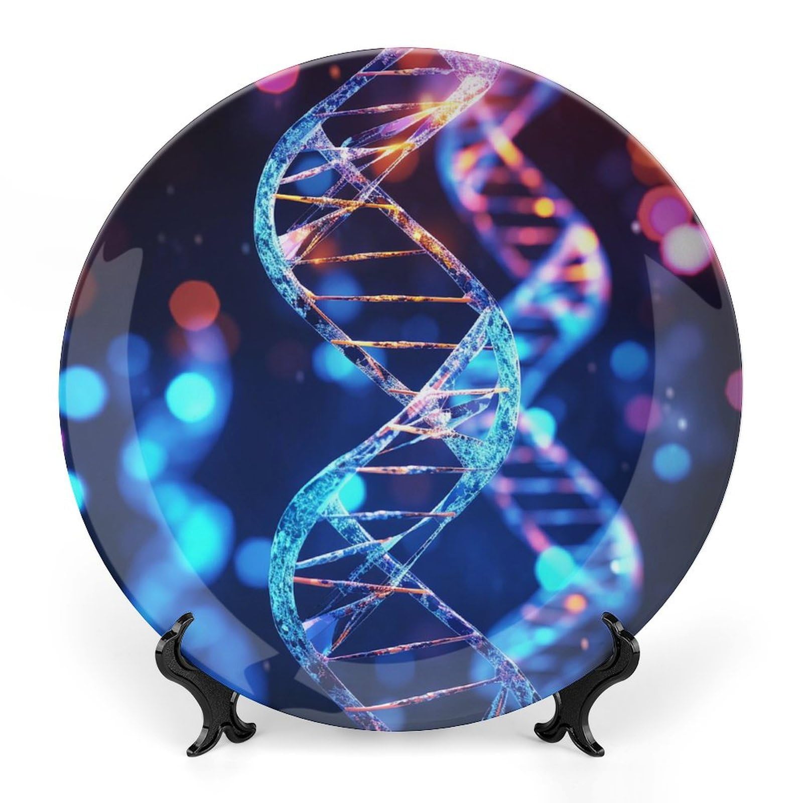 Round Bone China Decorative Plates,DNA Genetic Helix Printed Hanging Ceramic Plates Ceramic Plates with Stands for Home Kitchen Bedroom Decorative Ornaments