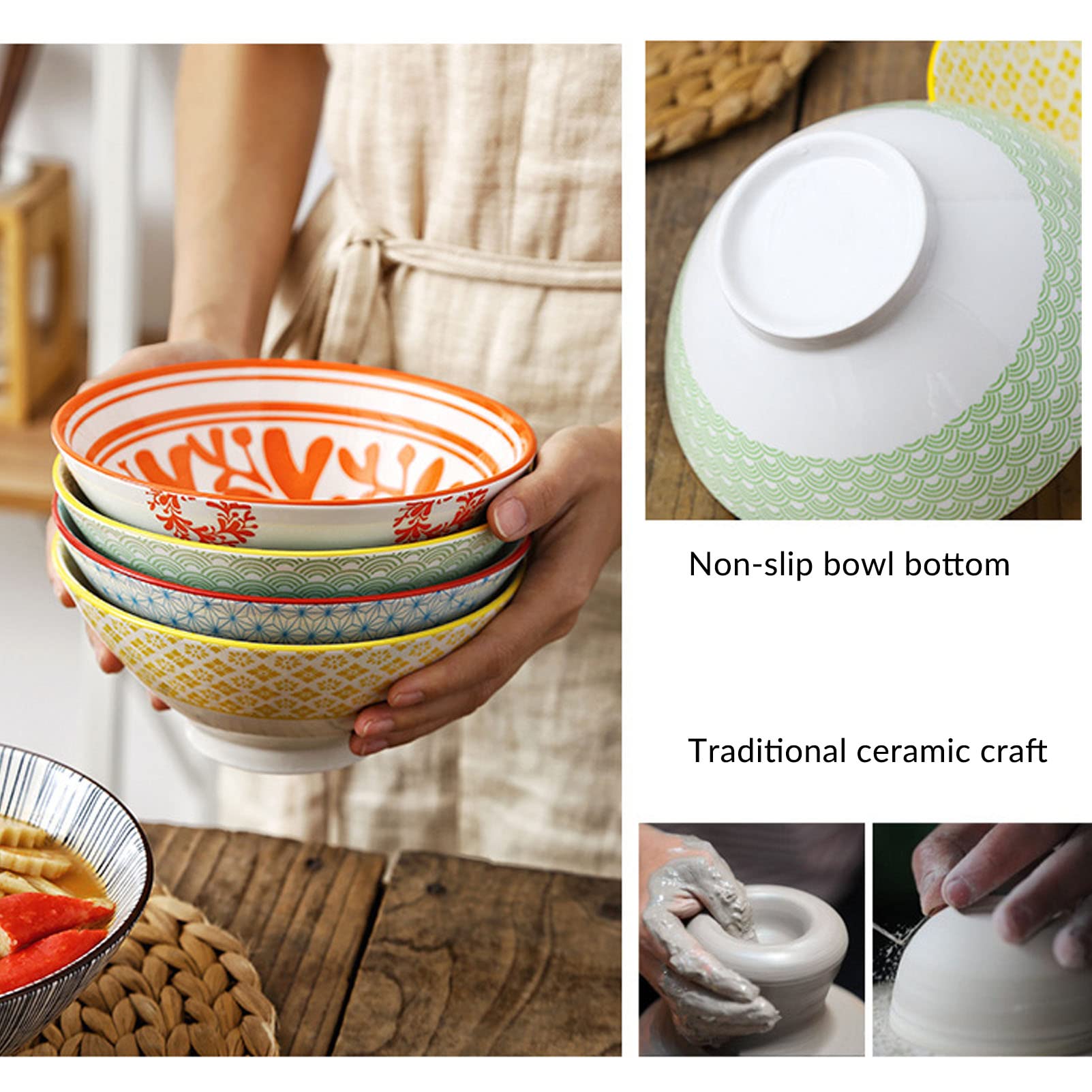 Conjunto de tazón de cerámica con fluidez, Cuencos de Sopa de época 30 oz para Cereales, Ensalada, Pasta, Sopa, lavavajillas Caja Fuerte de microondas - Conjunto de 4 (Multi)