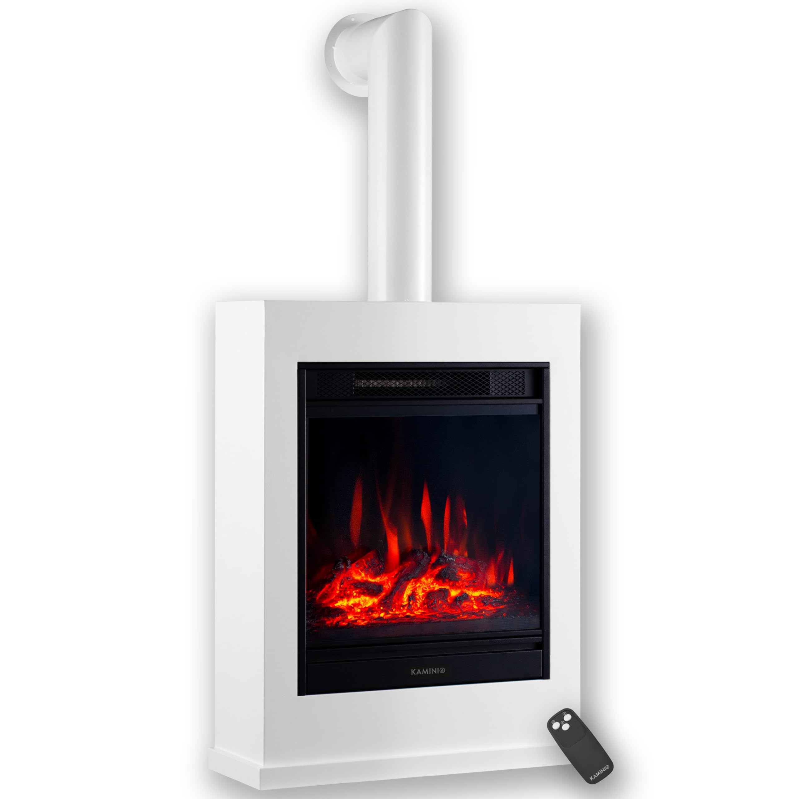 KAMINIO Kalle Electric Fireplace with decorative chimney pipe, white finish, in a room setting.