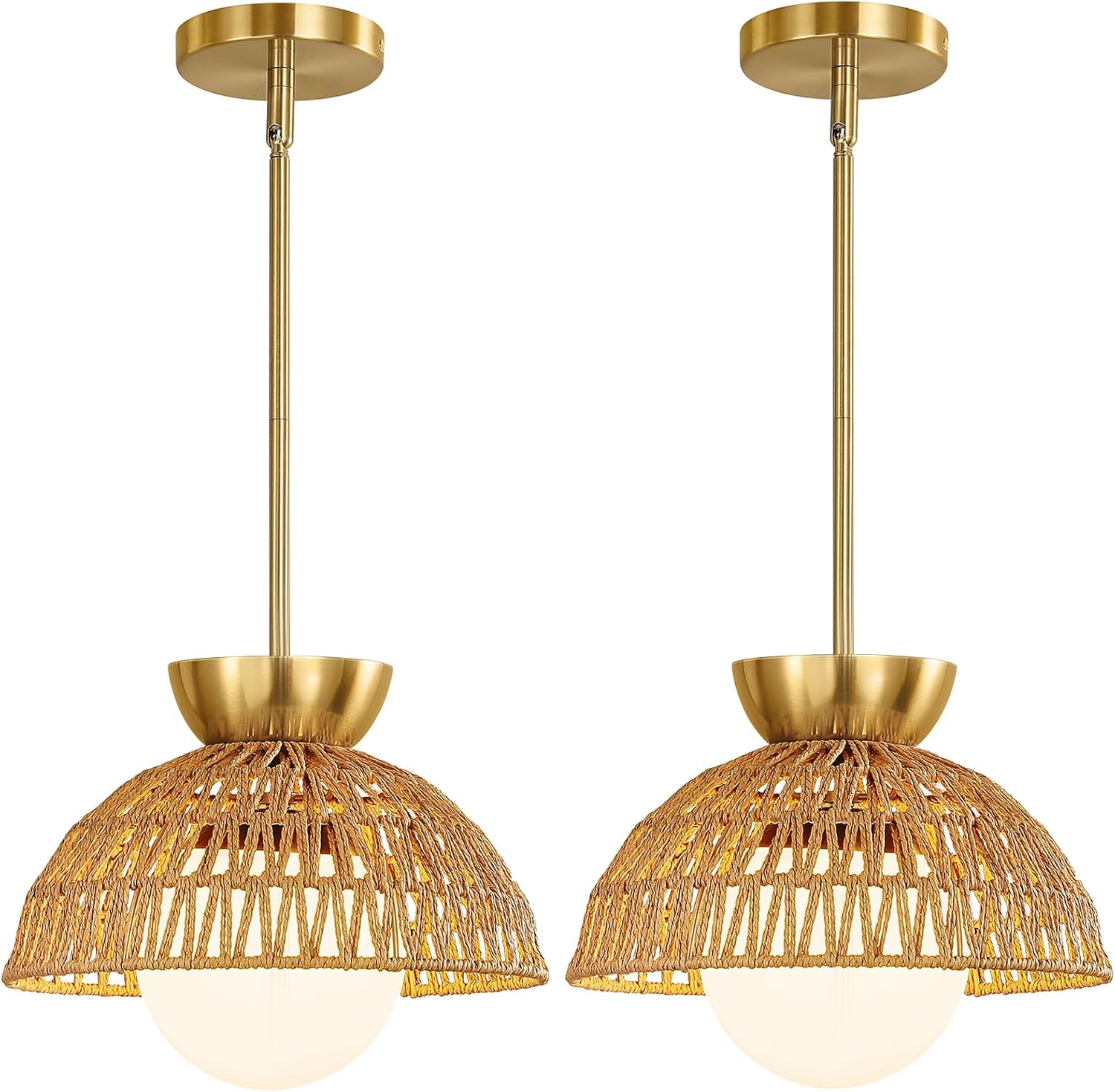 2 Pack Rattan Pendant Light, 11.8" Hand Woven Boho Pendant Light Fixture with Milk Glass Globe, Gold Kitchen Island light Fixtures Adjustable Chandelier for Dining Room Hallway Foyer Restaurant
