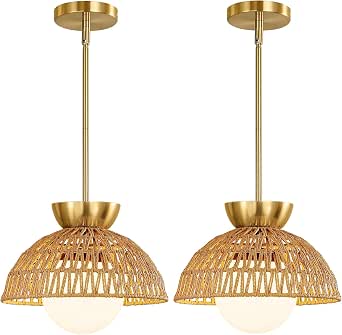 2 Pack Rattan Pendant Light, 11.8" Hand Woven Boho Pendant Light Fixture with Milk Glass Globe, Gold Kitchen Island Light Fixtures Adjustable Chandelier for Dining Room Hallway Foyer Restaurant