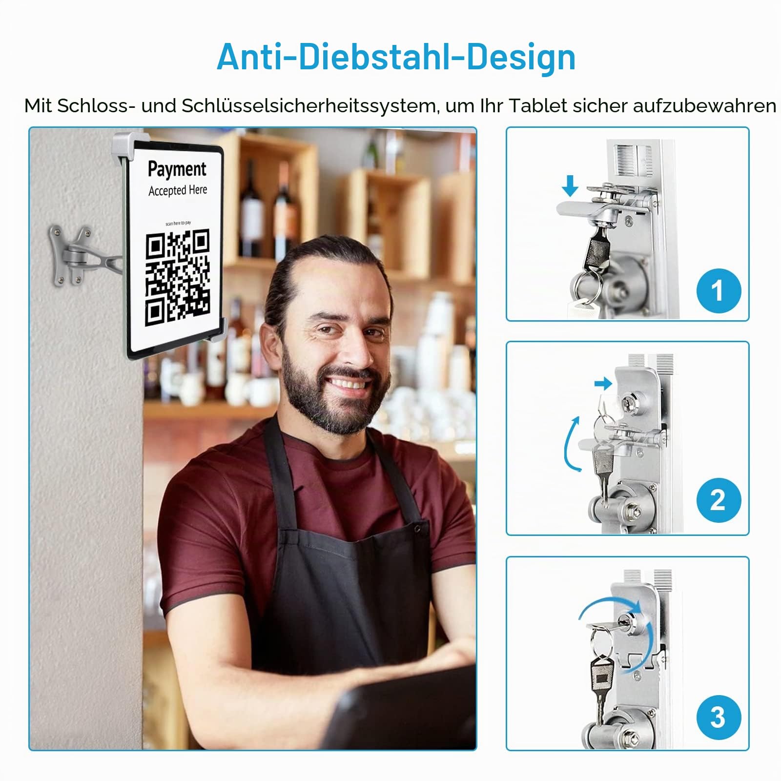 Anti-Diebstahl Tablet Wandhalterung, Abschließbar Wand Tablet Halterung | Kiosk Store Tablet Halter mit Aluminium Gelenkarm für iPad Pro Air Mini, Samsung Galaxy Tabs, Surface, weitere 7-11" Tablets