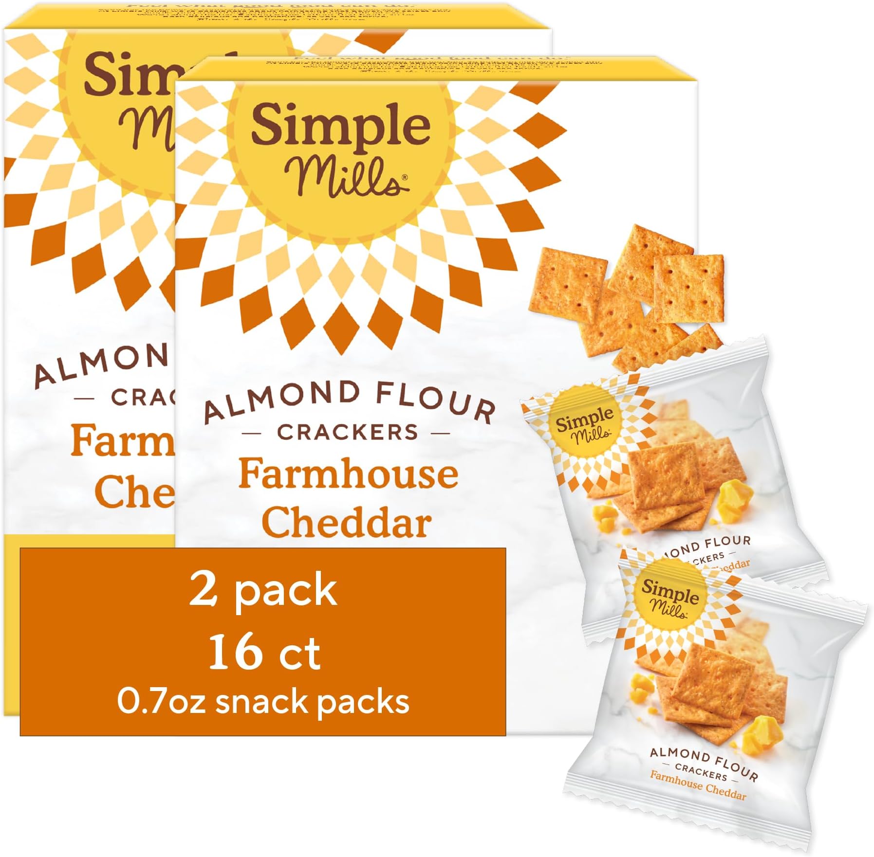 Almond Flour Crackers Snack Packs, Farmhouse Cheddar, Gluten Free, Flax Seed, Sunflower Seeds, Corn Free, Good for Snacks, 6.5 oz, Pack of 2 (8 Bags per Box)