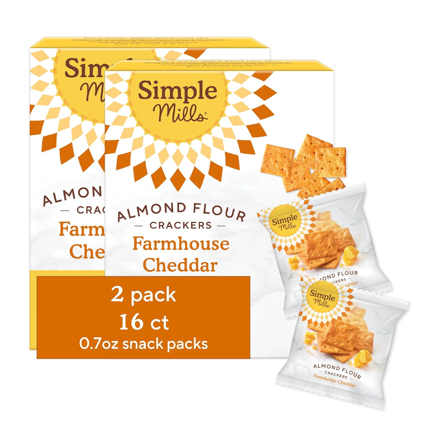 (BBD:11/18/2025) Simple Mills Almond Flour Crackers Snack Packs, Farmhouse Cheddar, Gluten Free, Flax Seed, Sunflower Seeds, Corn Free, Good for Snacks, 6.5 oz, Pack of 2 (8 Bags per Box) Farmhouse Cheddar 6.5 Ounce (Pack of 2)