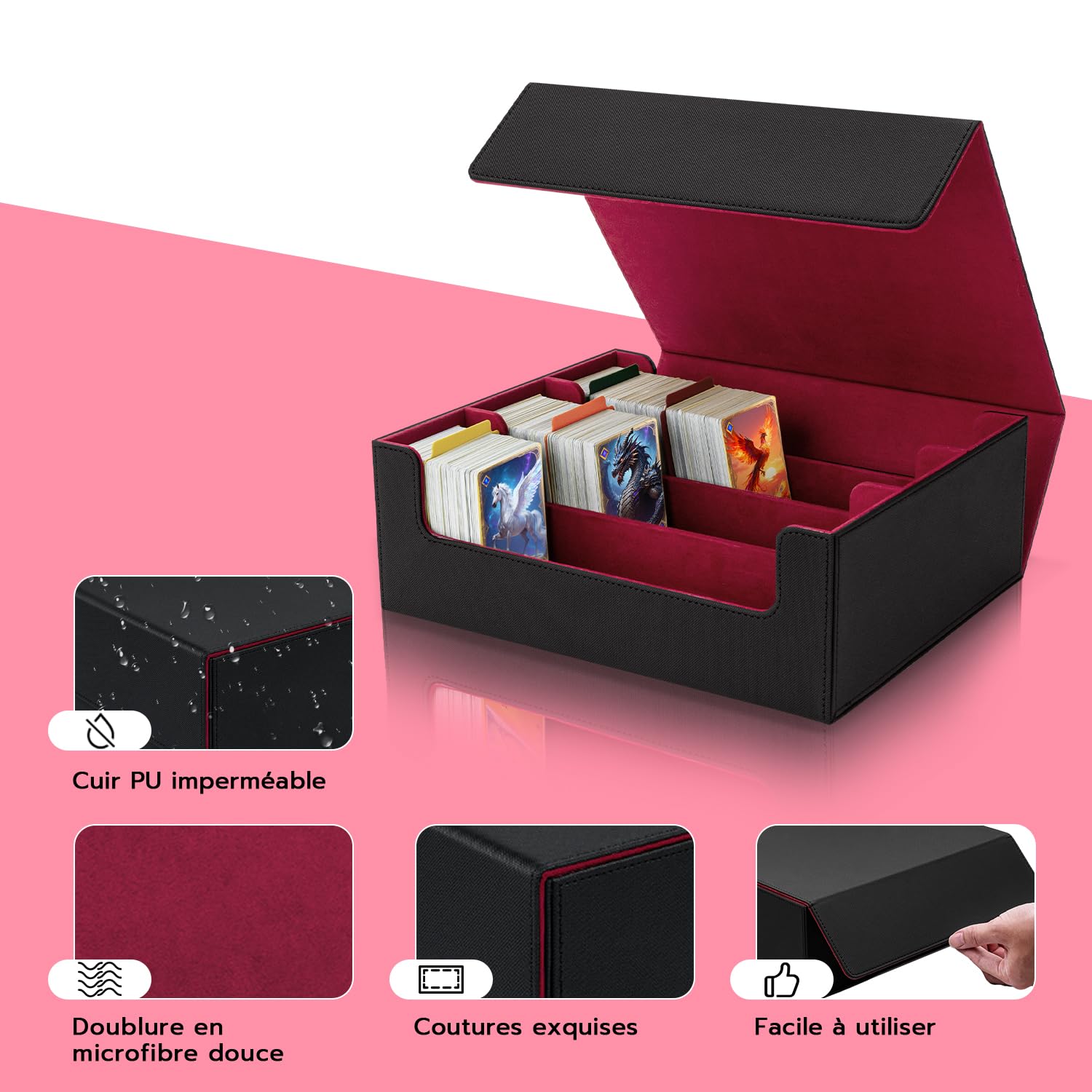 Boîte de Rangement Cartes pour MTG TCG, Capacité 1800+ Cartes avec 8 Séparateurs, Boîtier Magnétique en Cuir PU pour Magic The Gathering (MTG), Yu-Gi-Oh - Noir & Rouge - 5