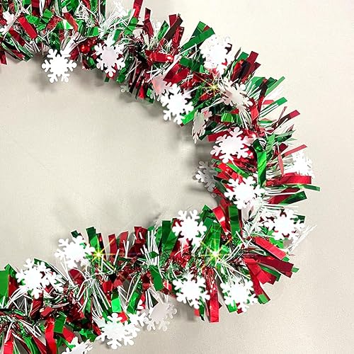 Miniatura 4 de Guirnalda de oropel de Navidad de 33 pies, brillante, gruesa, roja y verde, con diseño de copo de nieve, decoración de árbol de Navidad, guirnalda