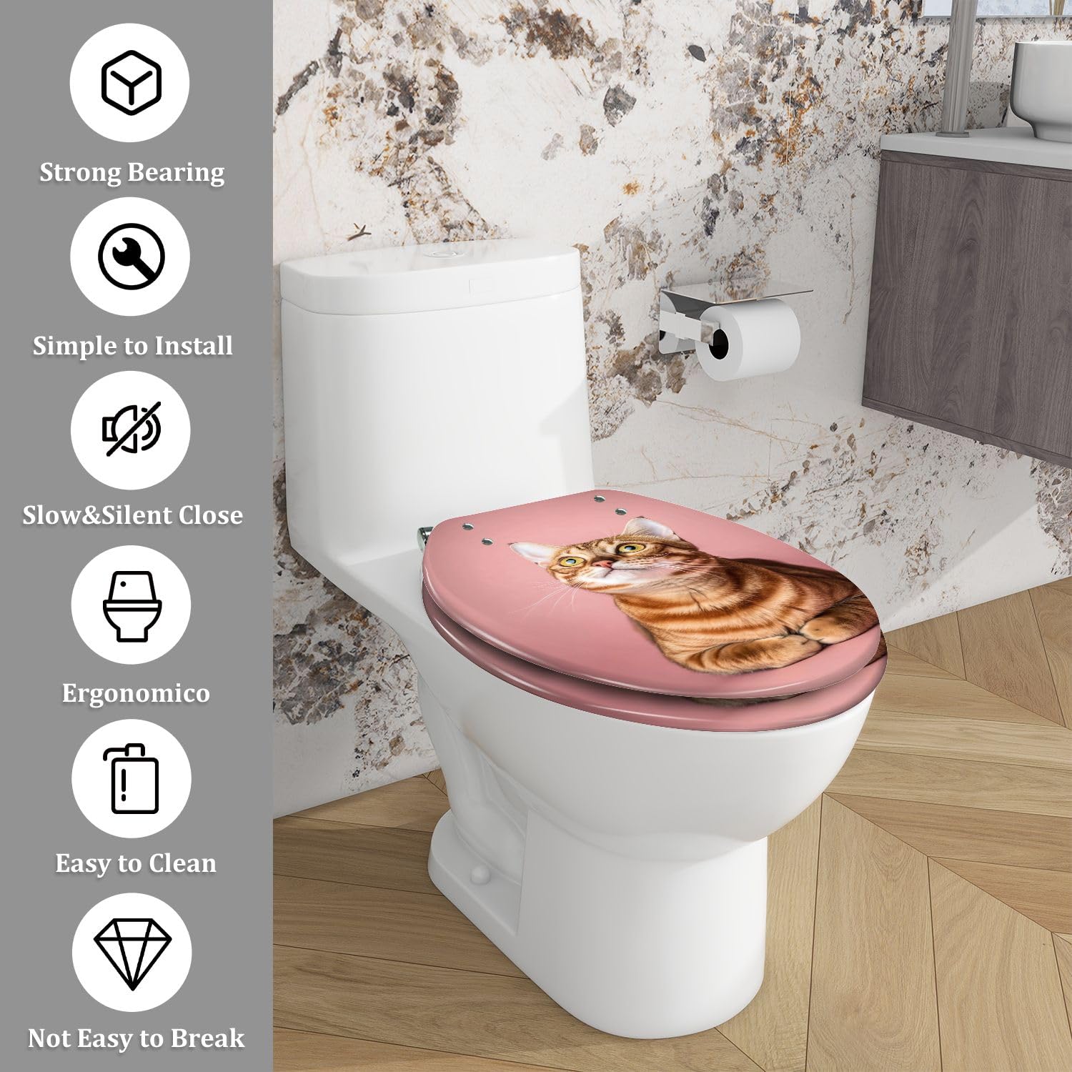 Elongated Resin Toilet Seat with Playful Ginger Bengal Cat Art, Quiet