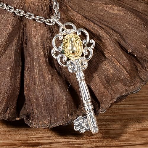 Miniatura 5 de Pequeño colgante de plata esterlina 925 de dos tonos con forma de llave con gato para mujeres y hombres
