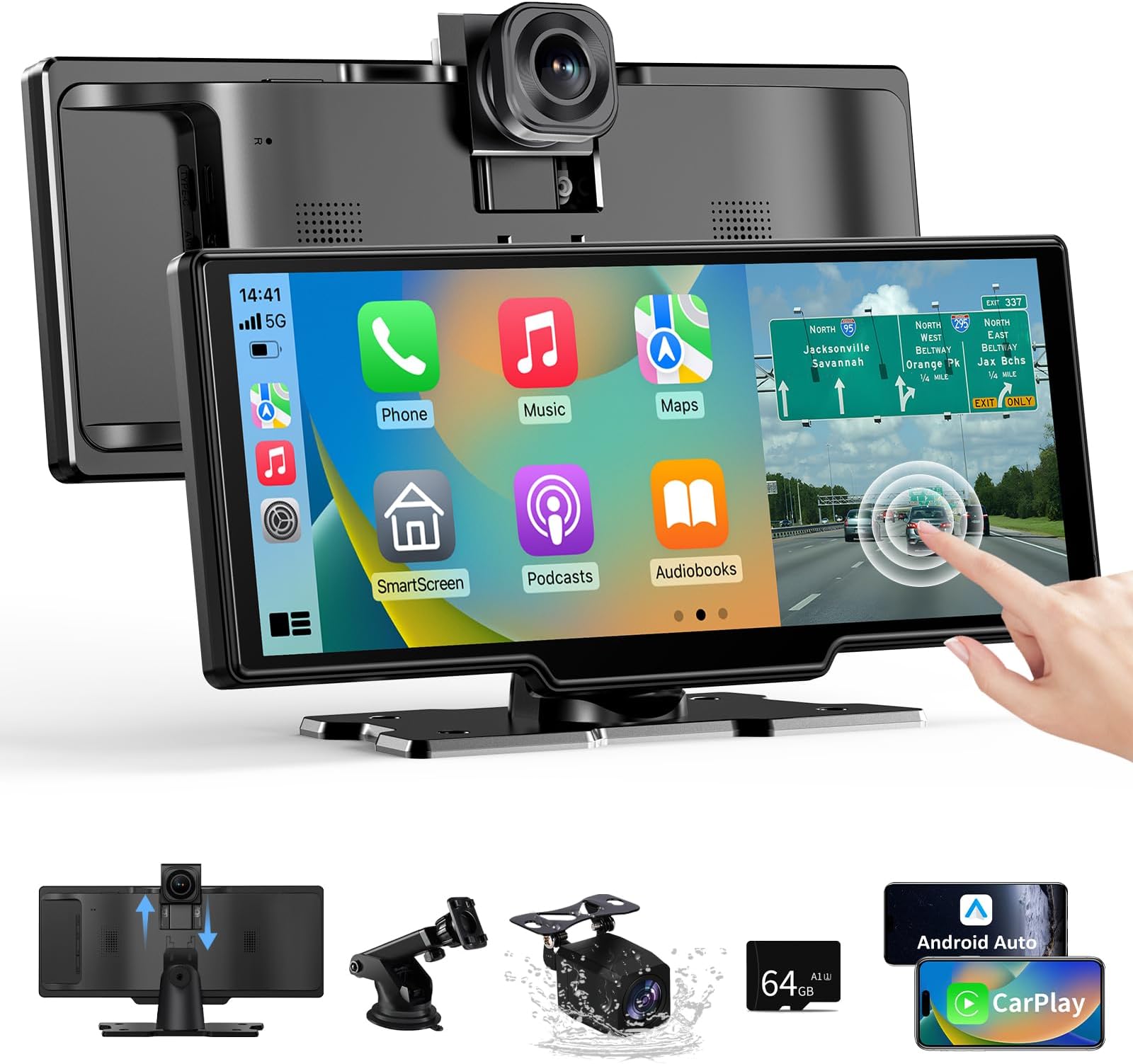 10.26" Wireless CarPlay Android Auto, Car Play Screen Car Tablet with 4K Front Camera and 1080P Rear Camera, Android Auto Carplay Screen for Car IPS Touchscreen with Bluetooth 64G SD Mirror Link AUX