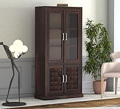 Sheesham Wood Bookshelf with Glass Door for Home Library Solid Wood Bookcase Wooden Crockery Cabinet for Kitchen Book Shelf (Walnut Finish)