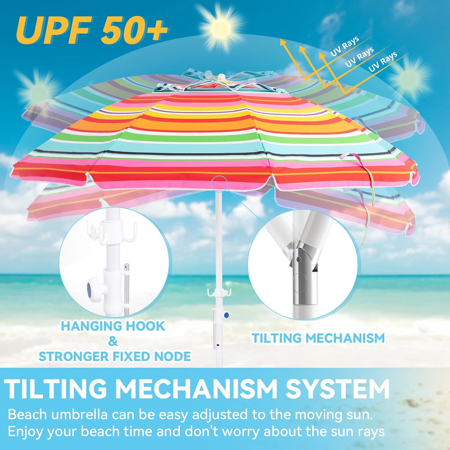 SMLIXE 7.5FT Beach Umbrella - SPF50+ Sun Protection Windproof Umbrellas with Sand Anchor, Tilt, Air Vent, Carry Bag, Portable for Outdoor Beach - Red Orange Stripe