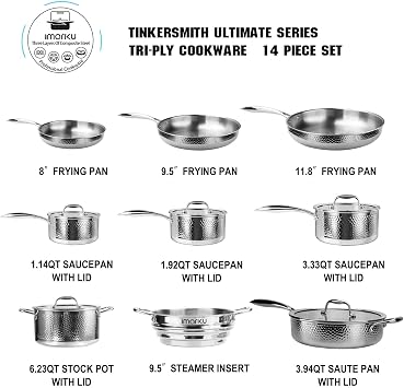 imarku Pots and Pans Set, 14PCS Kitchen Cookware Sets Tri-Ply Clad Stainless Steel with Hangered Handle and Lids, Suits Ceramic and Induction, Oven and Dishwasher Safe, Best Gifts for Women Man