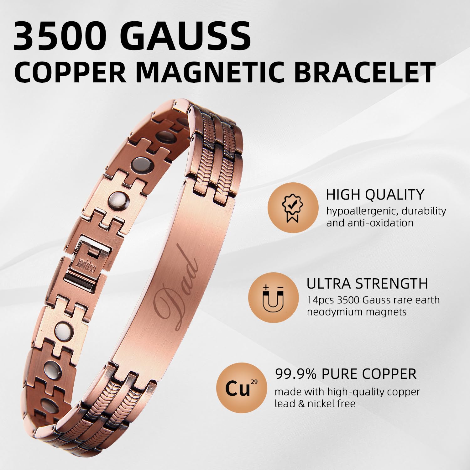BioMag Pure Copper Magnetic Bracelet for Men Adjustable Wristband with Link Removal Tool(Wheat Pattern), 46 centimeters - Image 2