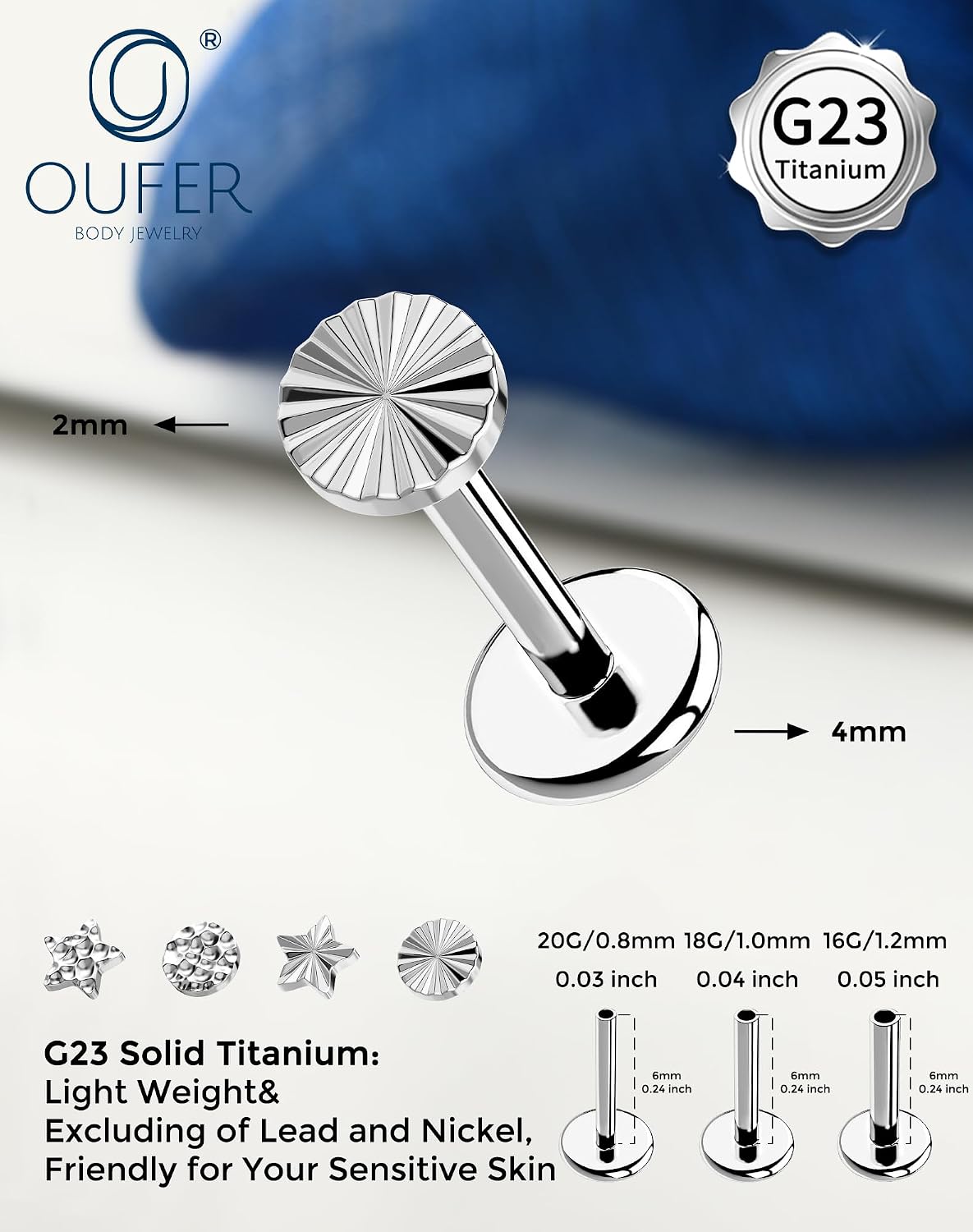 OUFER G23 Titanium Threadless Push Pin Labret Stud Earrings for Unisex – Hammered/Sunburst Disc Star, 20G 18G 16G, 6mm Bar, Hypoallergenic Jewelry for Lip, Lobe, Helix, Tragus, Cartilage Piercings