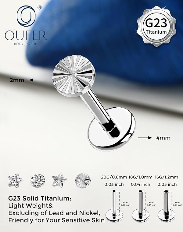 OUFER G23 Titanium Threadless Flat Back Labret Stud Silver 2mm Sunburst Disc Top 16G 6mm Bar Push Pin Hypoallergenic Lip Lobe Helix Cartilage Tragus Piercing Jewelry for Women Unisex Sensitive Ears by OUFER - Used condition - Image 2