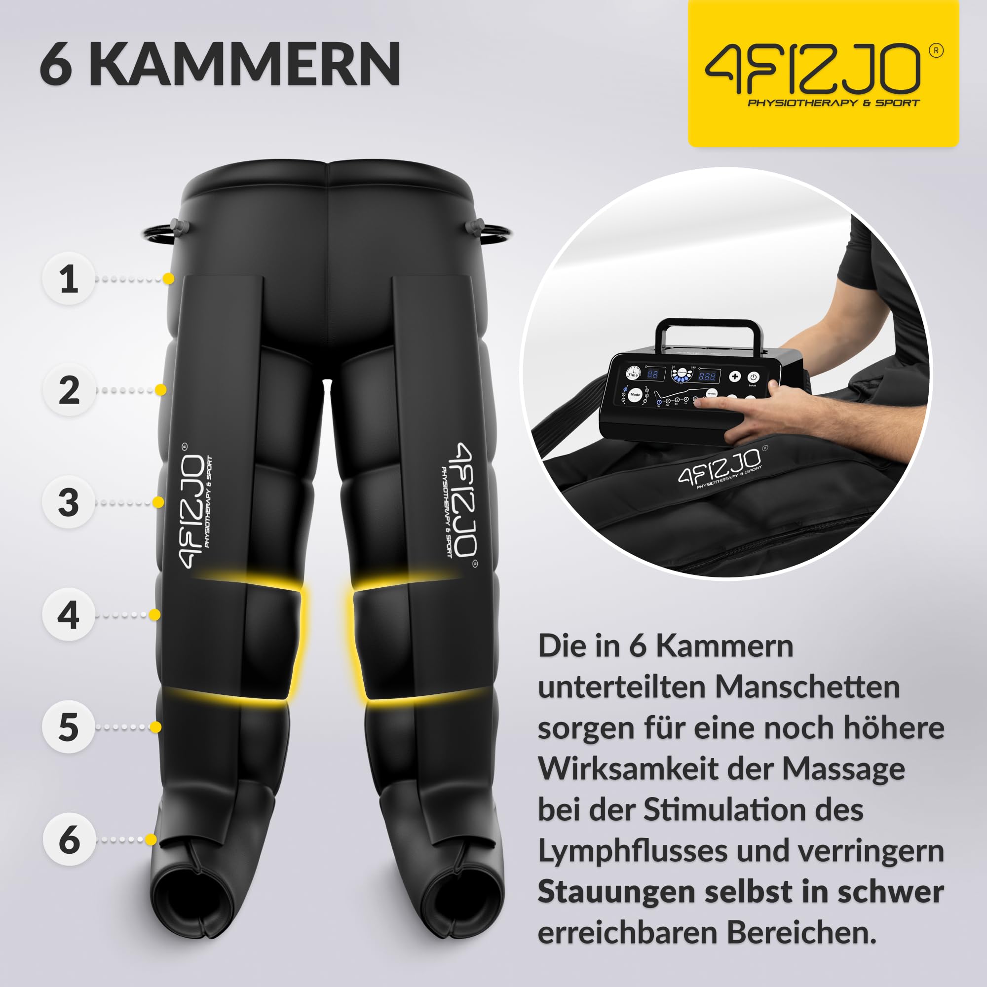 4FIZJO Lymphdrainage-Gerät MED C6, Pressotherapie, Beinmassagegerät, Für Venenrückfluss & gegen Wassereinlagerungen, Maximale Recovery & Entspannung, 30-250 mmHG, 6 Luftkammern, 6 Massageprogramme