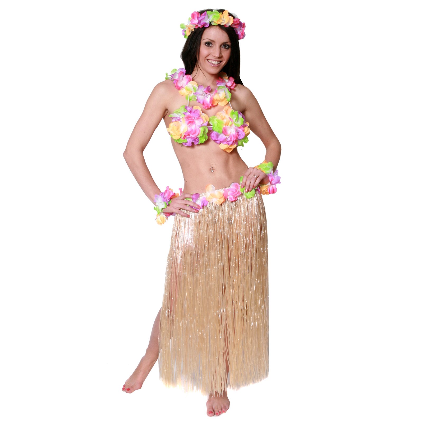 ILOVEFANCYDRESS HAWAIIAN 80CM LONG HULA SKIRT + FLOWER LEI NECKLACE + PAIR OF FLOWER BRACELETS + FLOWER HEADBAND + FLOWER BRA - PERFECT FOR HAWAII LUAU PARTIES - NATURAL
