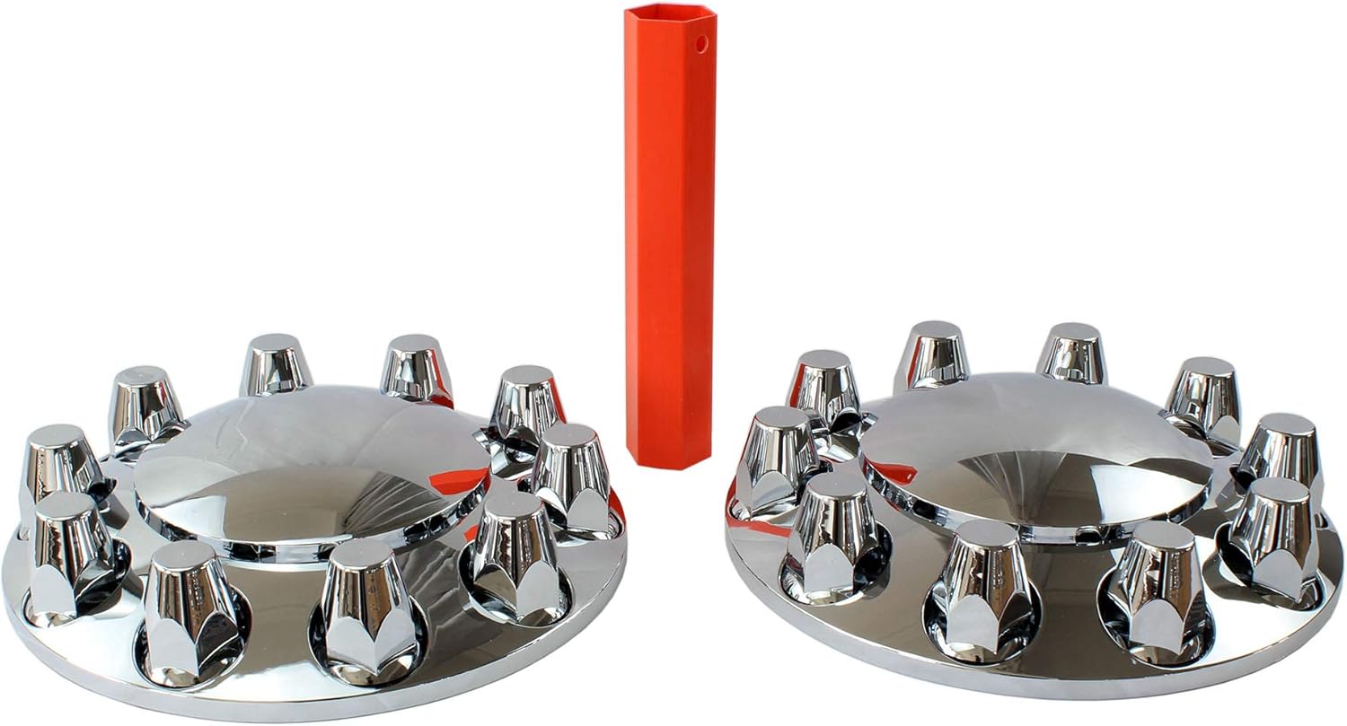 Chrome ABS Complete Axle Cover Set with Standard Hub Caps and 33mm Screw-On Lug Nut Covers for Semi Trucks (2 Front)