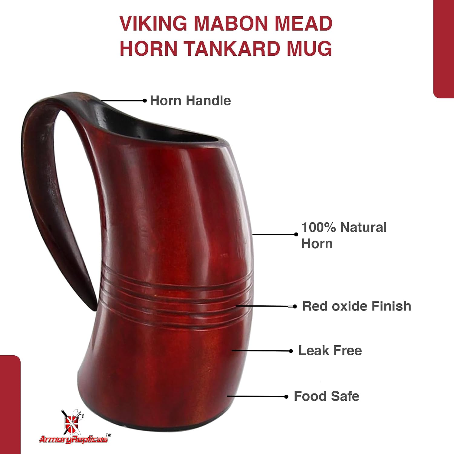 Armory Replicas™ Mabon Red Stained Horn Tankard with Carved Lines – 22-26 oz Natural Drinking Mug