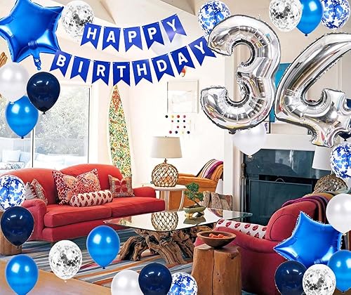 Vista 39 de Decoración de fiesta de cumpleaños número 31, color azul plateado para hombres, pancarta de feliz cumpleaños número 31, globos de papel de aluminio
