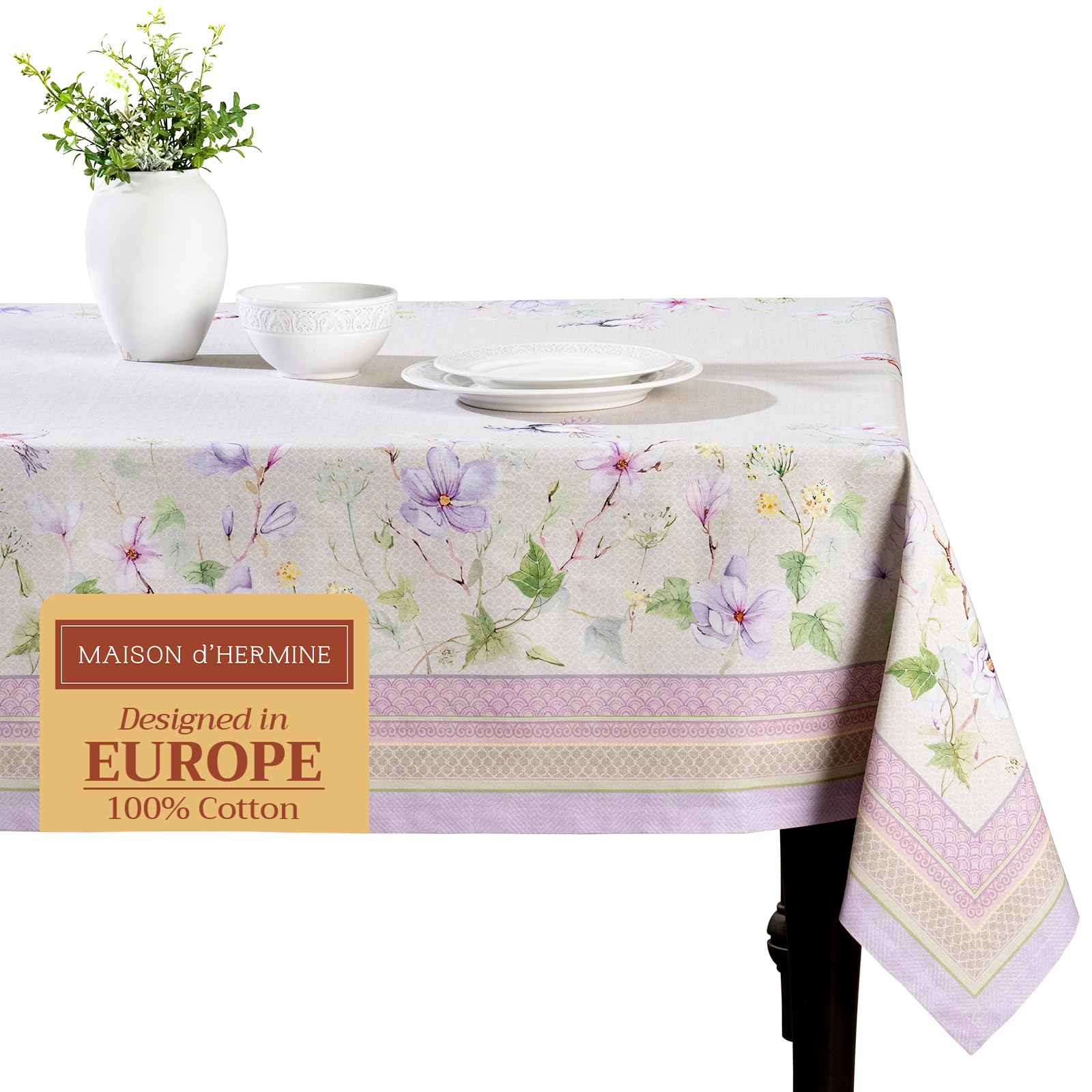 Maison D' Hermine 052 - Magnolia Mornings Table Cloth Rectangle Table 100% Cotton 230 Cm X 140 Cm Tablecloth Reusable Everyday Use For Dining Farmhouse Home Party Festive Hotel Kitchen Spring Summer (Magnolia Mornings)