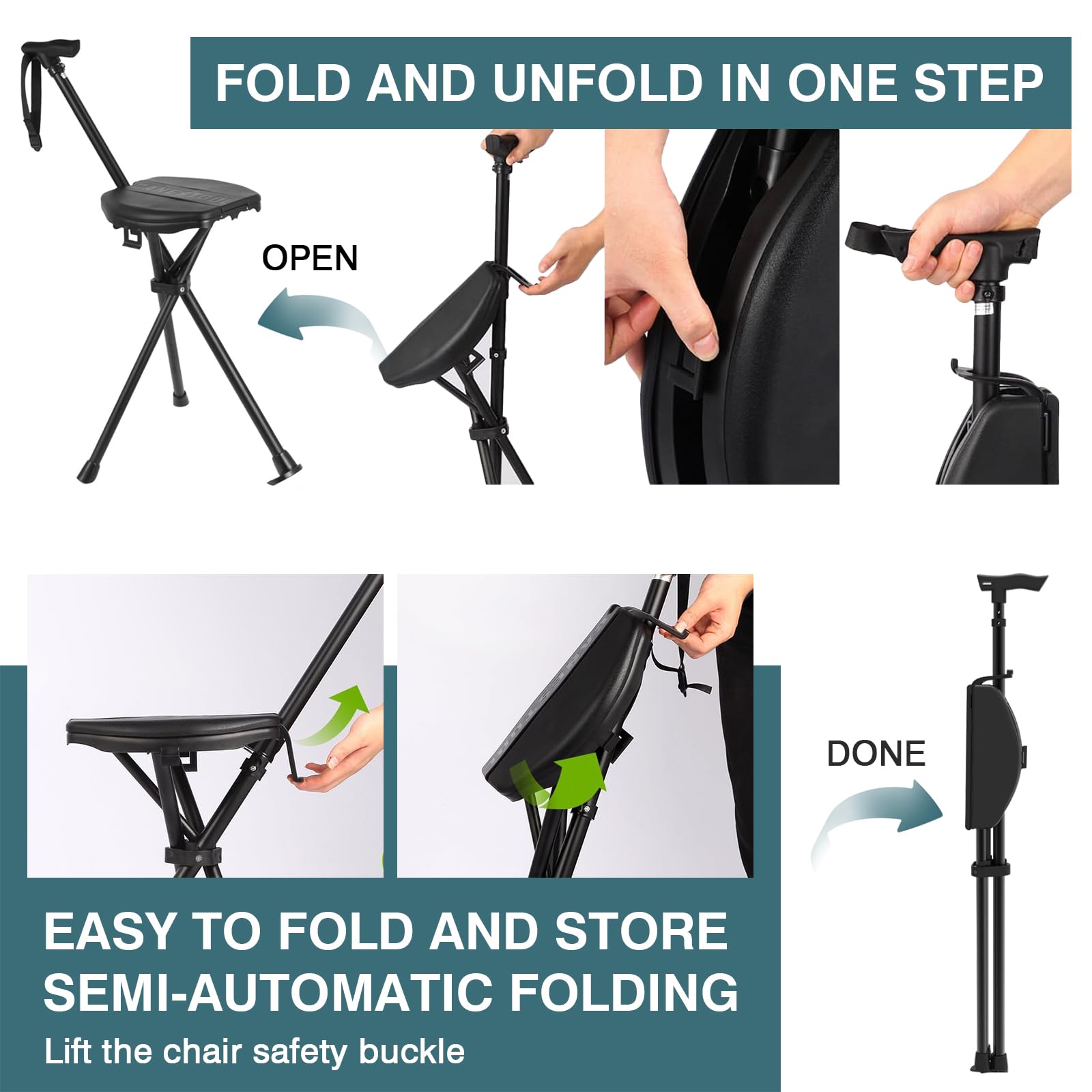 Bastón con asiento, 95-104 cm, plegable, bastón portátil, plegable, con bolsa de transporte, capacidad de carga de hasta 250 kg, bastón con asiento, bastón de senderismo plegable con asiento para