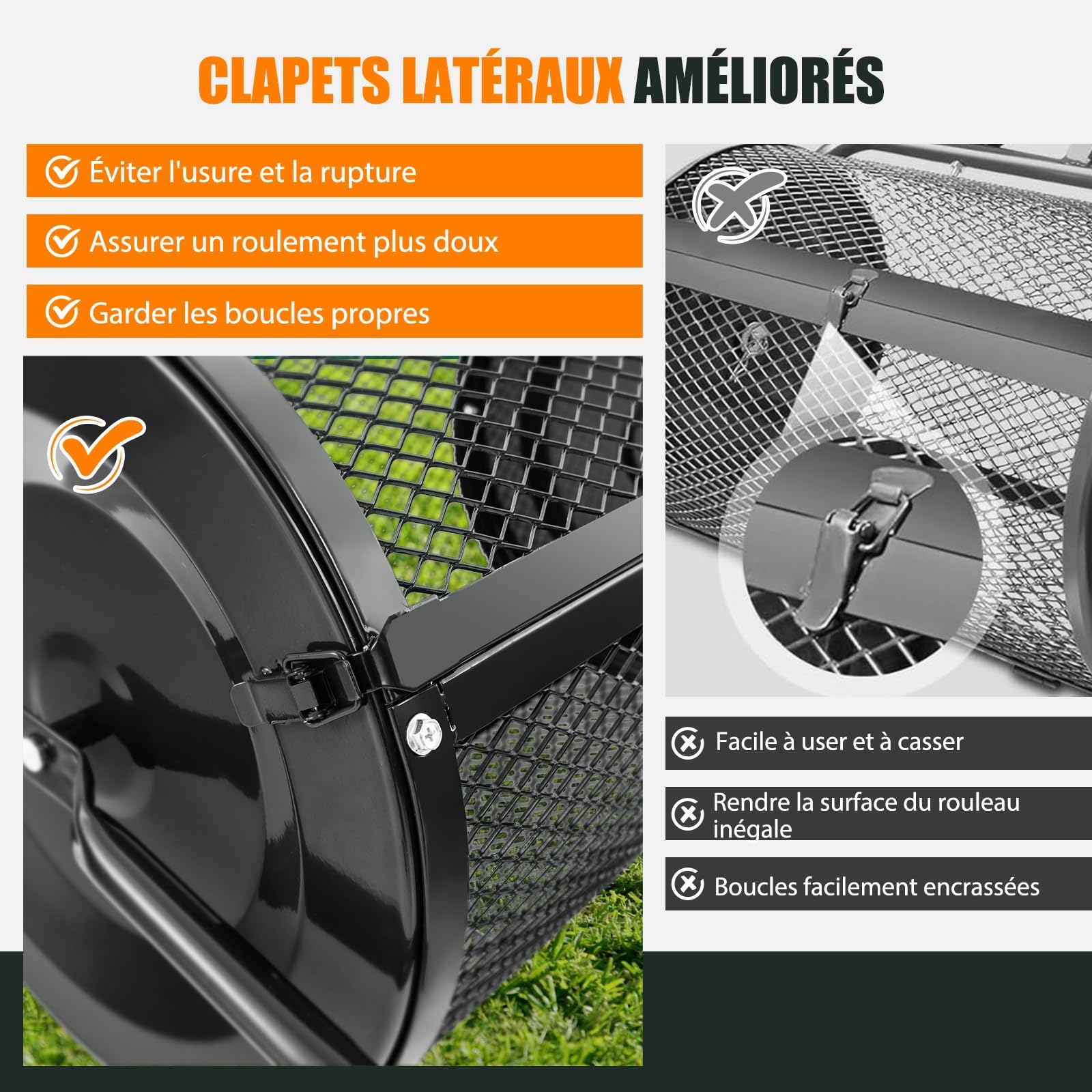 GOPLUS Épandeur de Compost d68cm pour Pelouses et Jardin, Capacité 75L, Épandeur en Treillis Métallique avec Double Loquets Latéraux, Épandeur de Fumier, de Terreau et de Paillis Roulant (Noir)