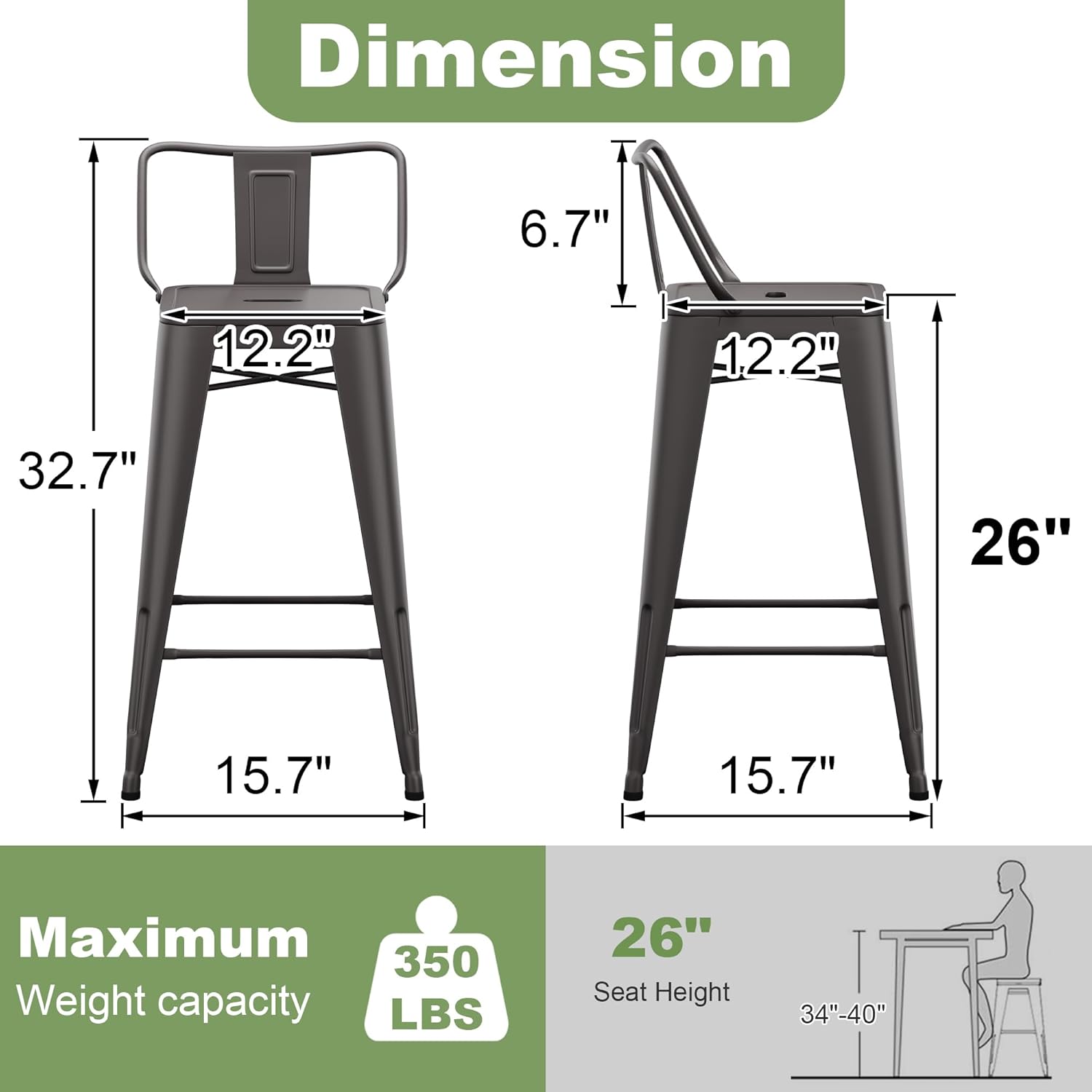 Yongchuang Metal Bar Stools Set of 4, 26" Barstools with Back Farmhouse Kitchen Counter Height Bar Chairs Rusty