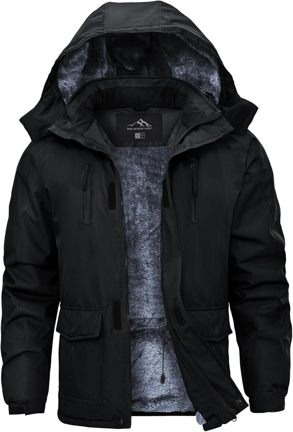 TOMEEK Herenjassen voor de winter, softshelljas met capuchon, meerdere zakken, ritssluiting, fleecejack voor heren, wandeljas, winddicht, outdoorjas, Zwart, L