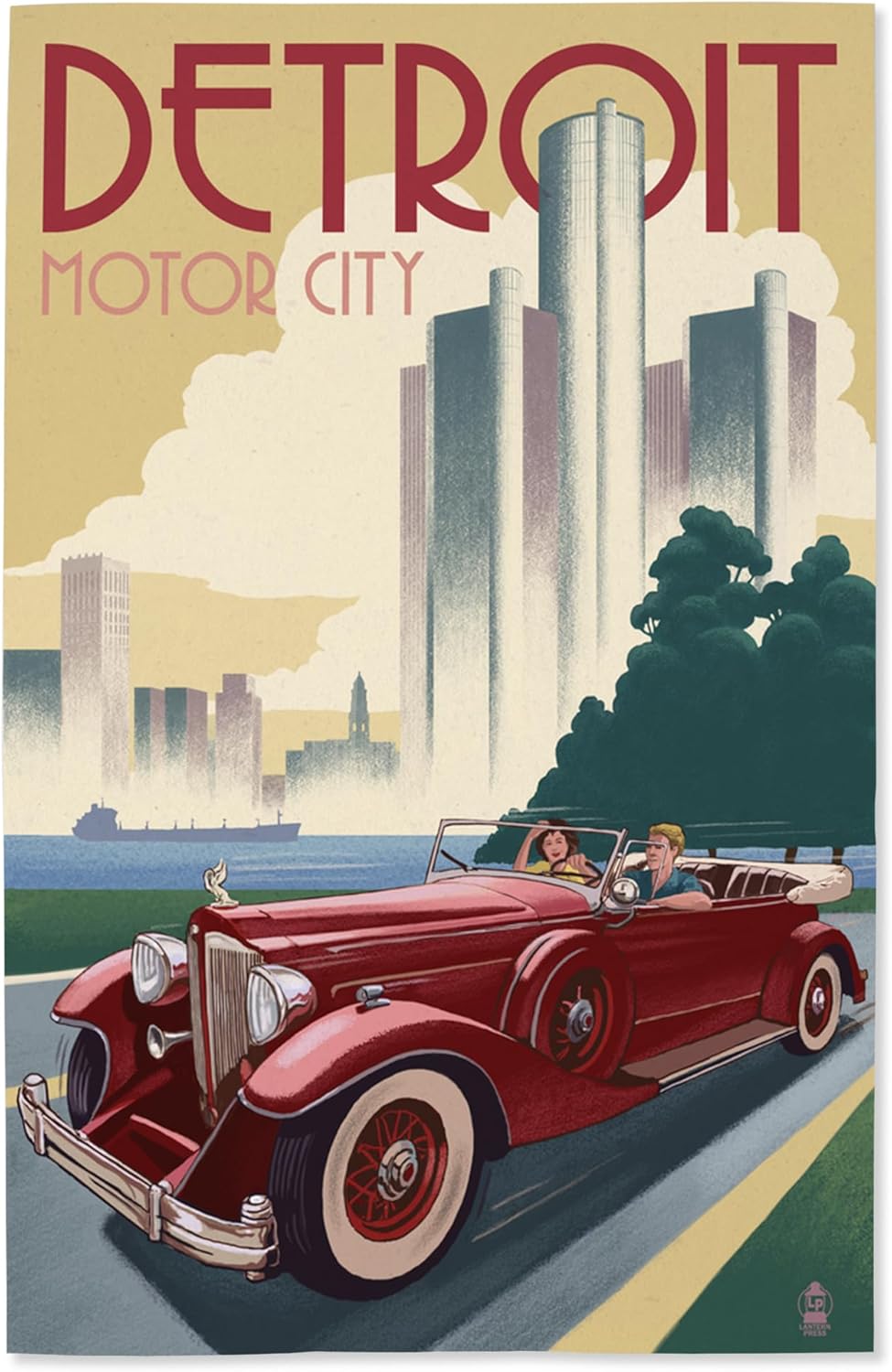 Lantern Press 16 x 24 pulgadas, impresión artística giclée, decoración de pared, Detroit, Michigan, coche vintage y horizonte