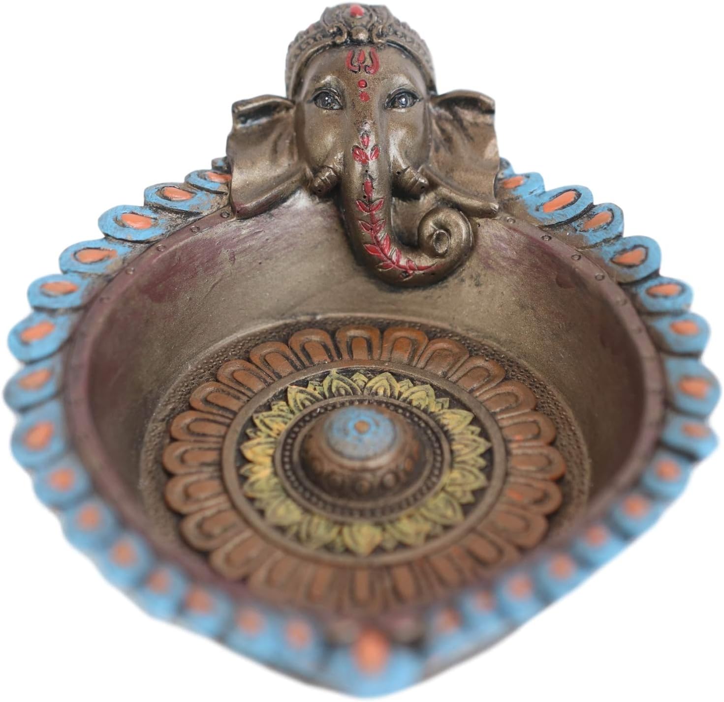 Ebros Gift Hindu Elephant Supreme God Lord Ganesha Ganapati with Blue Peacock Feathers Incense Stick Holder Burner Dish Figurine 5.5" D Zen Vastu Accent