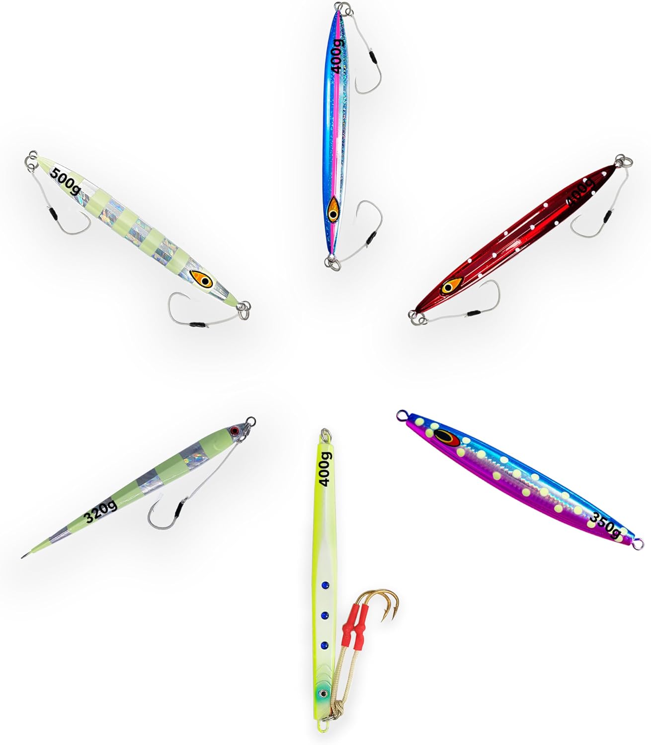 Saltwater Fishing Jigs 320–500g, 6 Pcs Silver Pink Blue, Lumo Polka Dot, Glow Zebra, HD Bluepink, Chartreuse & Zebra Glow, Offshore Jigs for Tuna, Bluefin, Mahi Mahi & Marlin Combo C