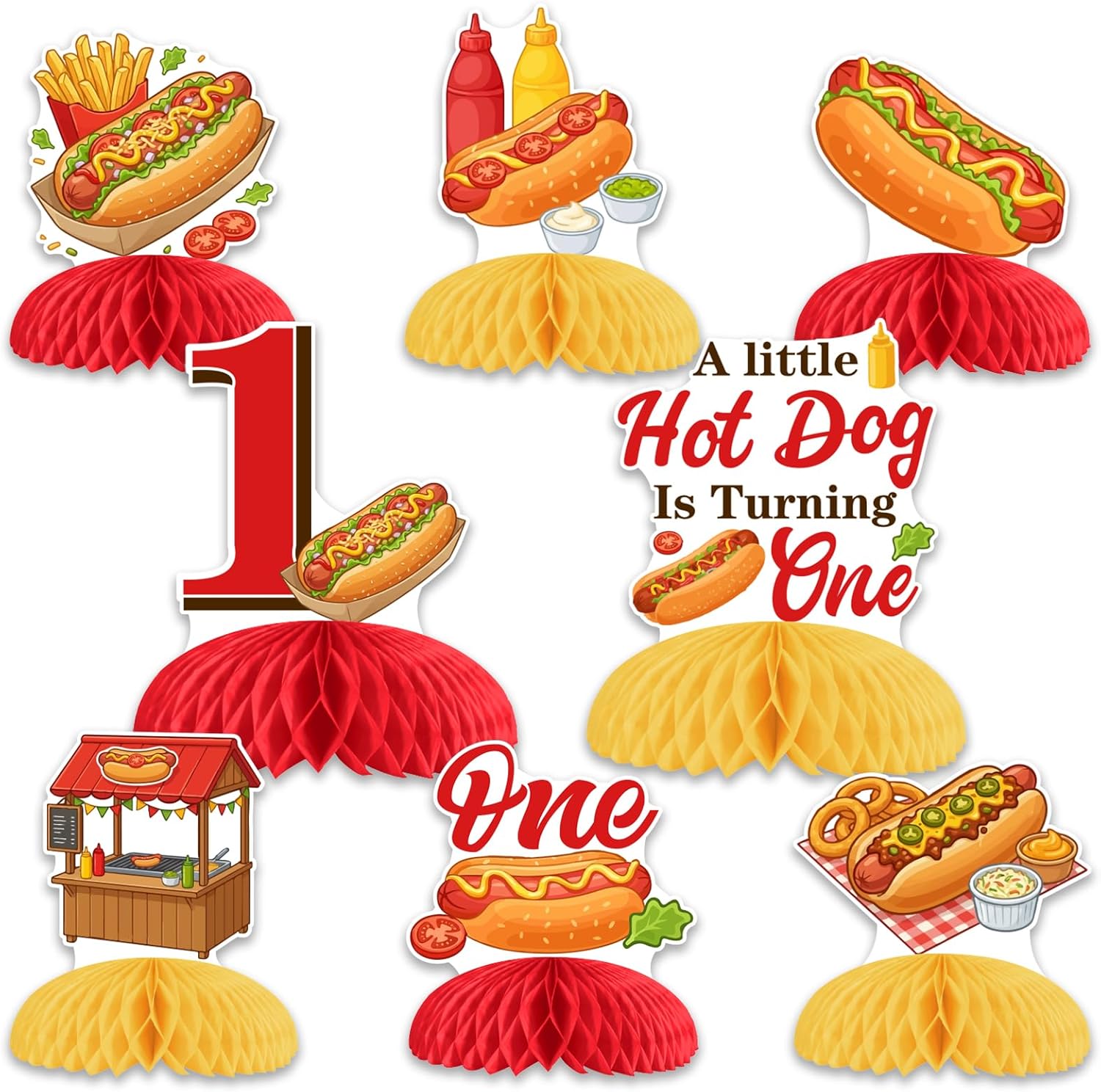 Hot Dog 1st Birthday Honeycomb Centerpieces, 8pcs Double Sided Table Decorations for A Little Hot Dog Is Turning One Party Supplies, Red Yellow Fast Food Theme First Birthday Decor
