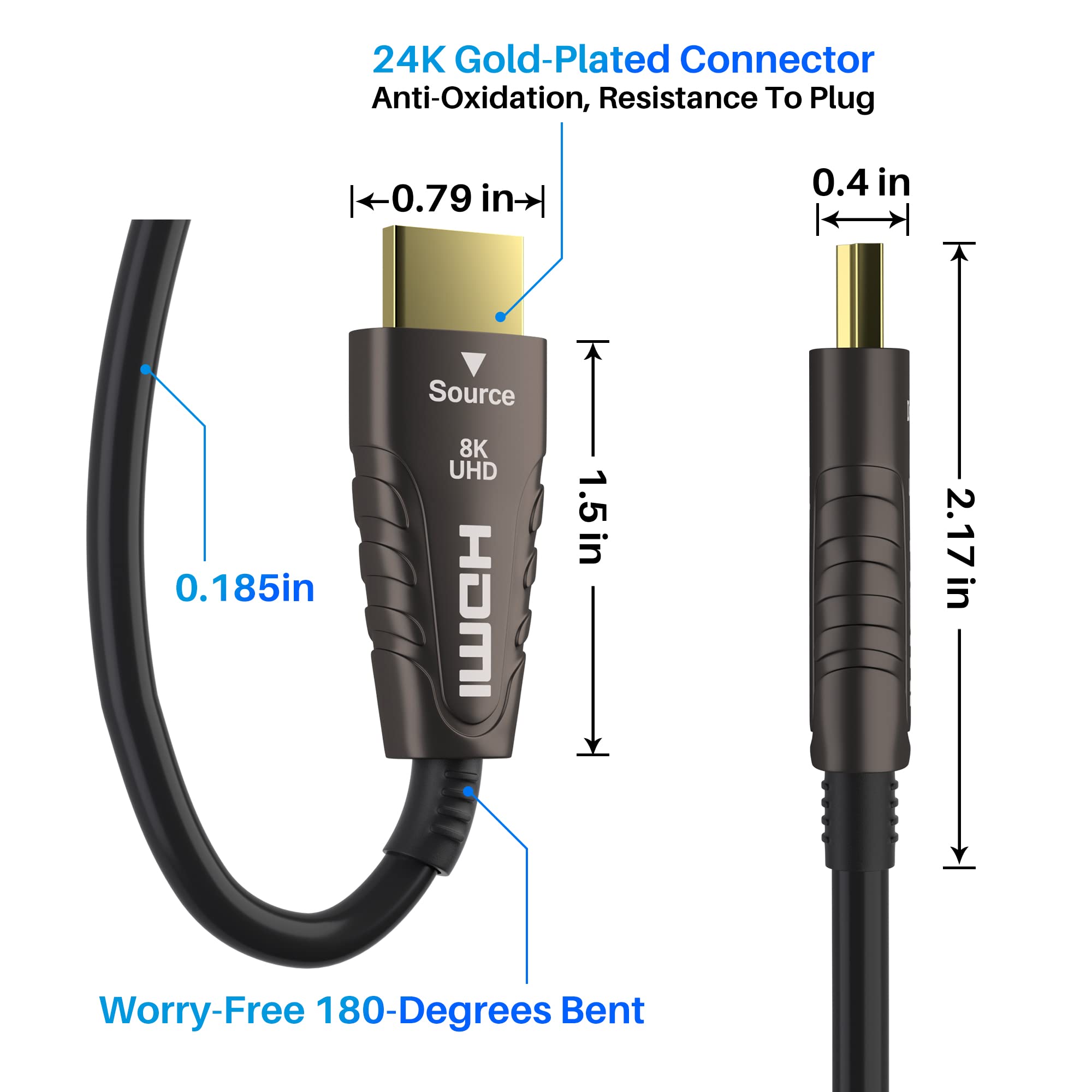 8K fibra ottica HDMI 2.1 cavo 50 piedi 15 metri (certificato) Adoreen Active Optical HDMI cavo (da 6,1-30,5 m) per 8K @60Hz 4K 2K Dynamic HDR ARC HDCP2.2 4:4:4 3D, compatibile PS5/PS4, TV Ultra HD