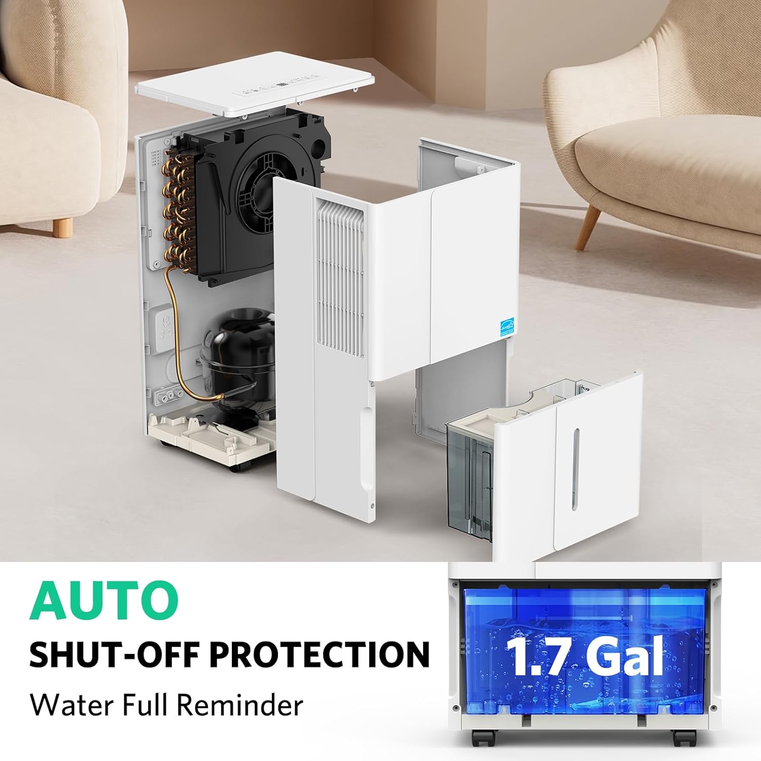 Dehumidifier. 3000 Sq.Ft Dehumidifiers, Max 80 Pints/Day (Standard 35 Pint/Day) Dehumidifier for Basement with 1.7 Gal Water Tank, For Home, Bedroom, Closet with Auto Shut Off, Sleep Mode,24H Timer image 6 of 7 B0DRVKTNFK