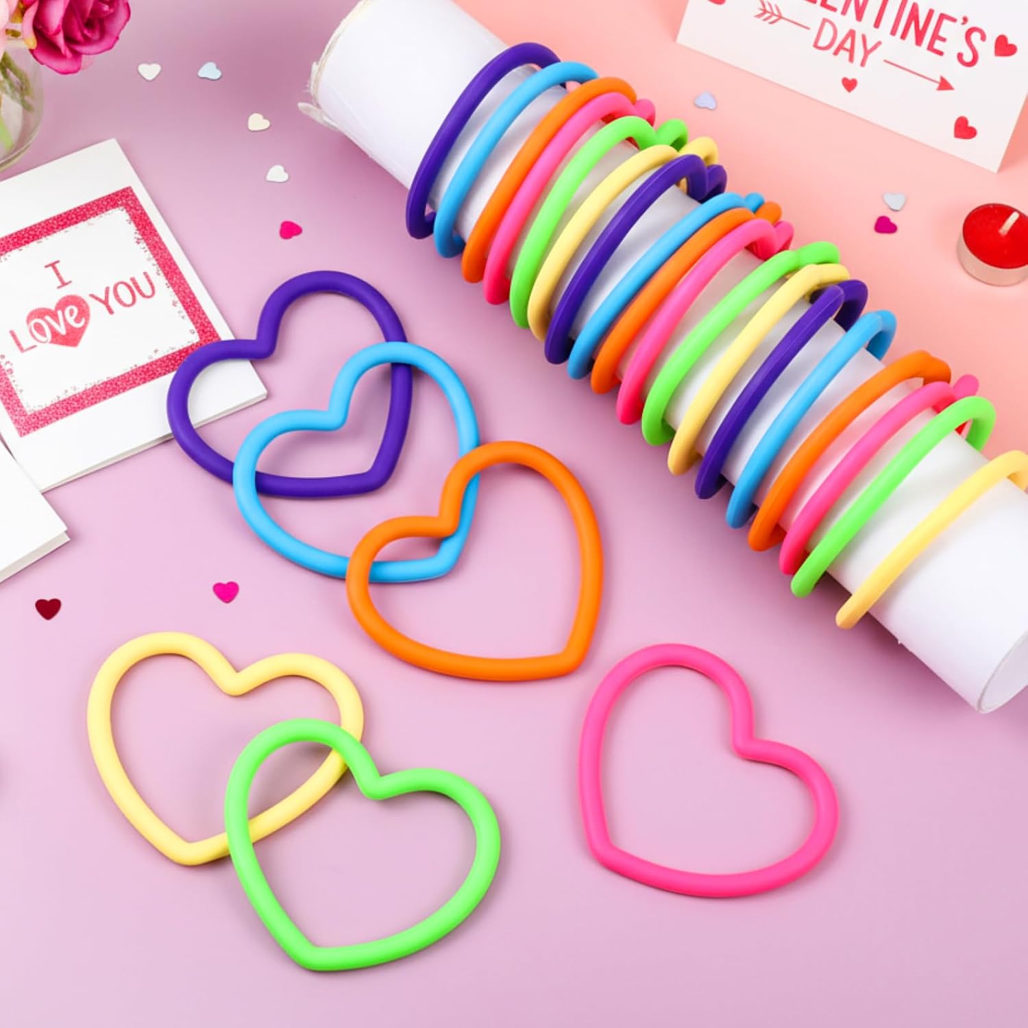 Vinsot 24 Pcs Heart Shaped Bracelets Silicone Heart Bracelets Rubber Love Wristbands Gift Accessories Wedding Summer Fun Party Supplies