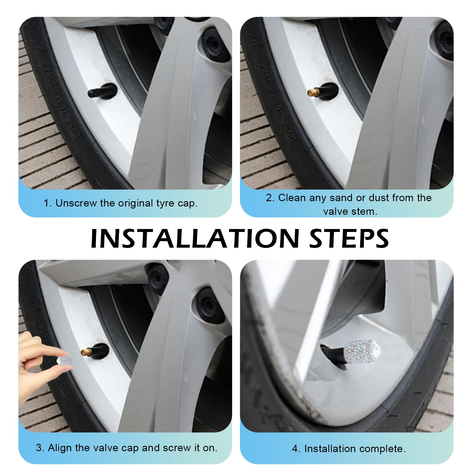 4PCS Bling Tire Valve Caps Crystal Rhinestone Car Wheel Tire Valve Covers Waterproof Dustproof Tire Air Valves Cap — view 6