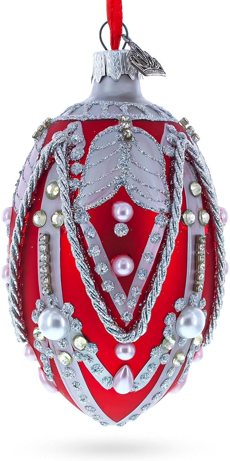 Silver Ropes on Red Glass Egg Christmas Ornament 4 Inches