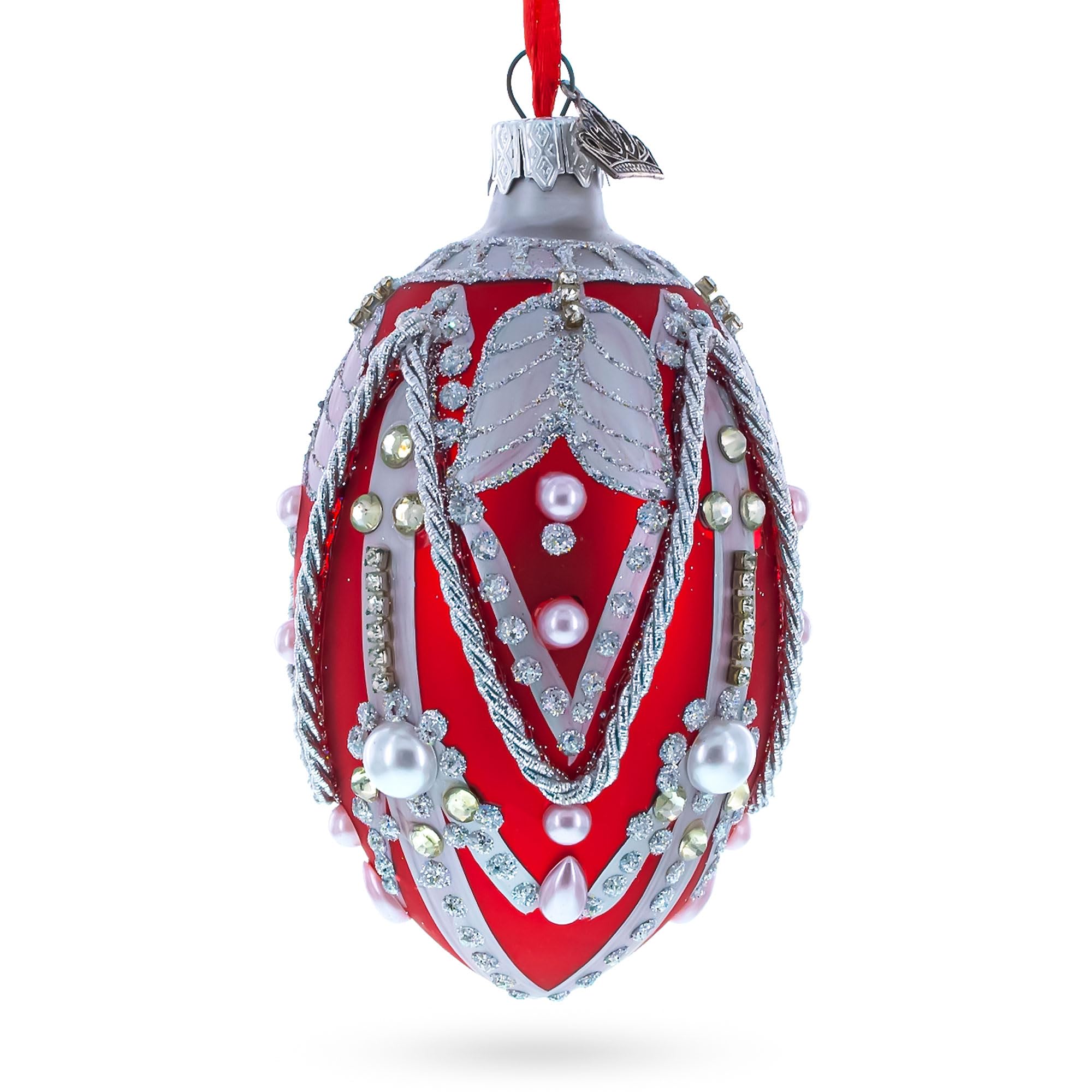 Décoration de Noël en forme d'œuf en verre rouge et cordes argentées pour suspension