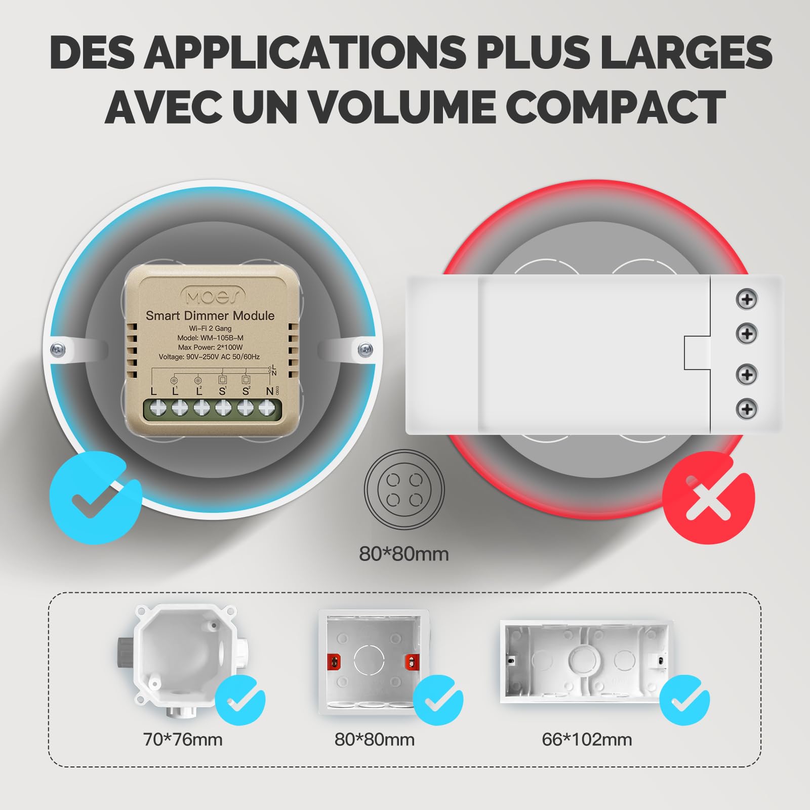 MOES Mini Variateur d'Intensité Wi-Fi Encastré, 2 Pack | 2 Gang, pour LED intelligente, compatible avec télécommande Smart Life/Tuya, Alexa/Google Home