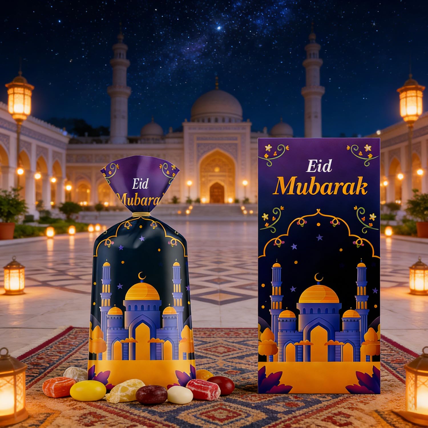 100 Pcs Eid Mubarak Cellophane Bags 4 Styles Ramadan Cello Bag Moon Star Castle Candy Bags with Twist Ties Multi-Color Treat Gift Bag for Goodies Ramadan Festival Party Favor