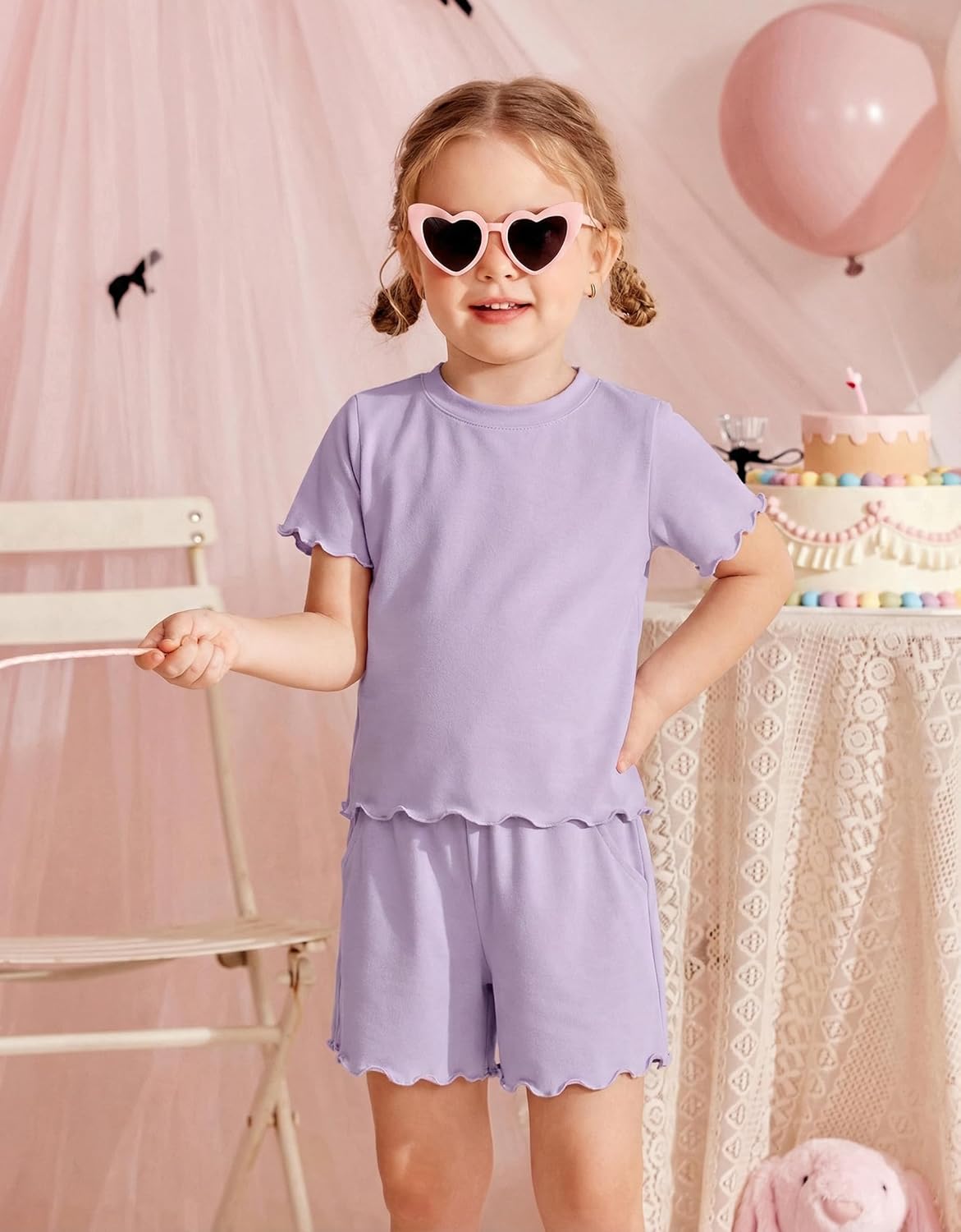 Arshiner Toddler Girls Clothes Ruffle Short Sleeves Crewneck Tops and Shorts with Pockets Cute Summer 2 Pieces Short Sets - Image 3