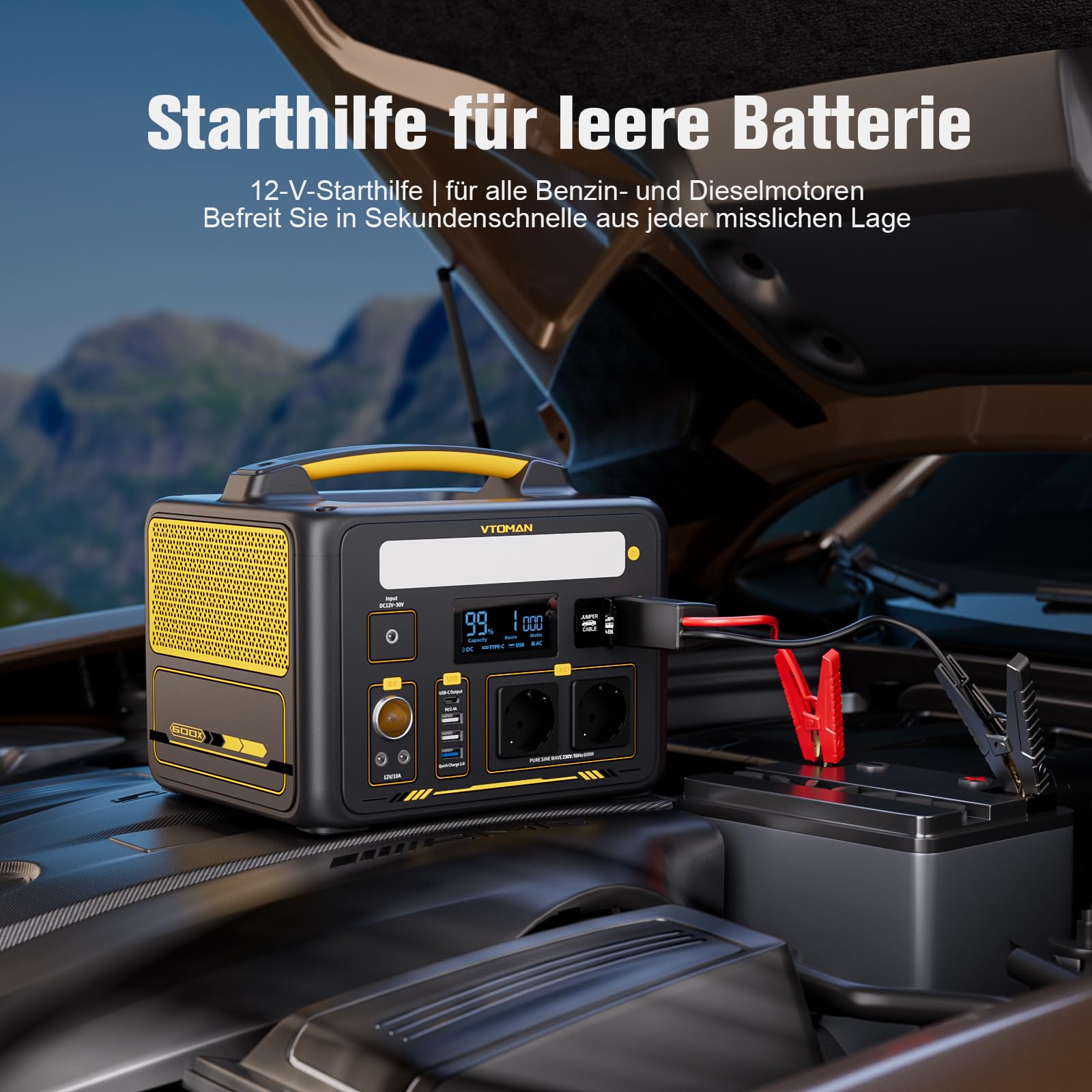 VTOMAN Jump 600X Tragbare Powerstation 600W mit Überbrückungskabel | 299Wh Solar Generator LiFePO4 Akku Stromgenerator Mobile Stromspeicher, Erweiterbare Kapazität für Camping Notfall