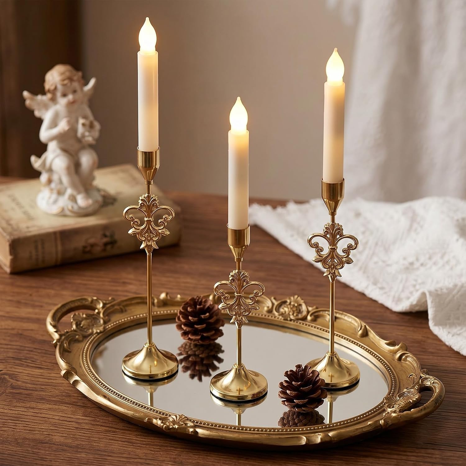 Ceenna 3 Pcs Gold Vintage Corner Flower Taper Candle Holders,3 Size image 4