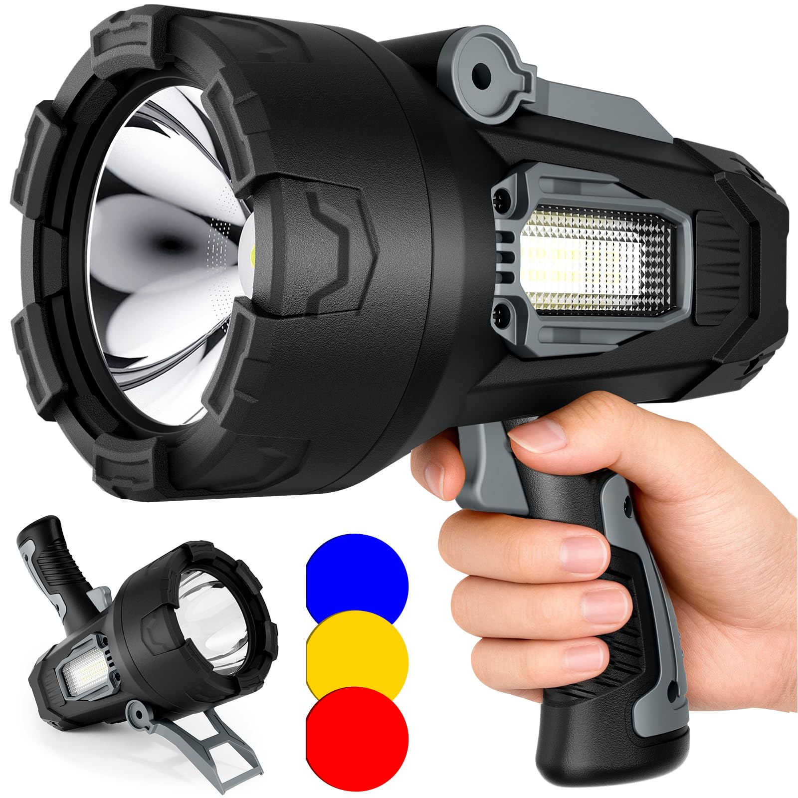 polisak Torcia ricaricabile a LED, 2.000.000 lumen, super luminosa, per esterni, con luce COB e treppiede pieghevole, luce di ricerca portatile di lunga durata, per nautica, campeggio, lavoro